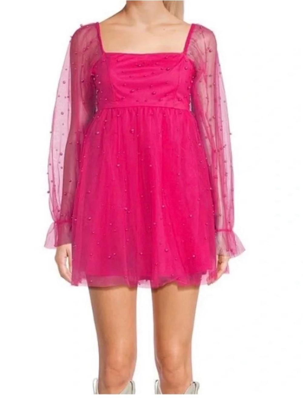 Hot Pink Tulle Party Dress with Pearl Dot Accents